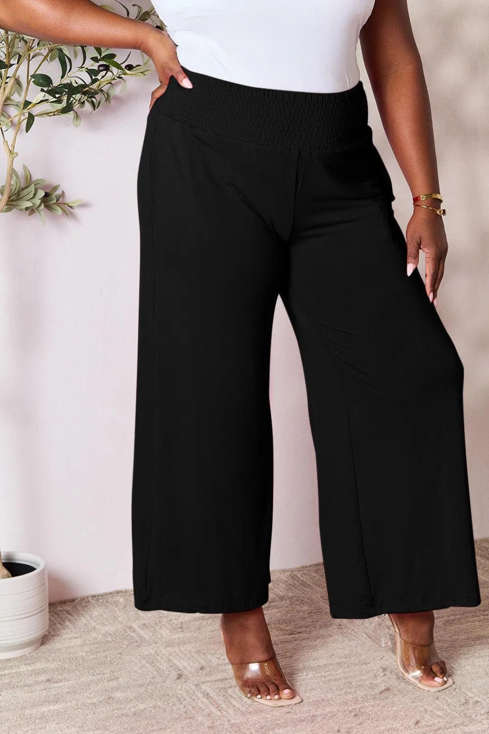 Double Take Smocked Wide Waistband Wide Leg Pants - Jessiz Boutique