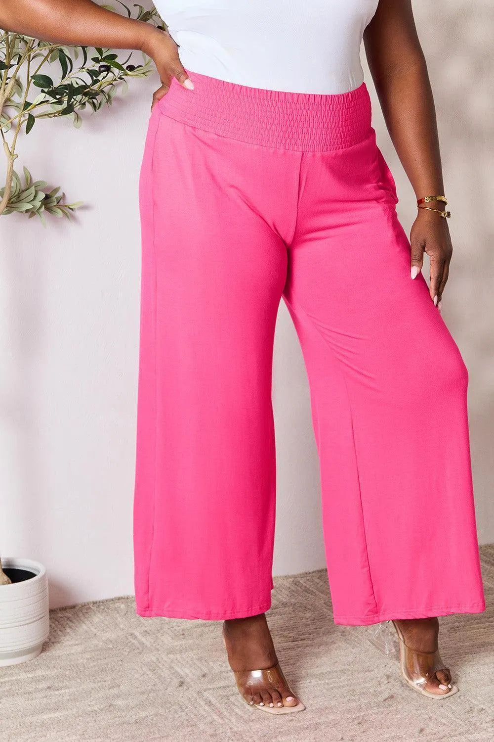 Double Take Smocked Wide Waistband Wide Leg Pants - Jessiz Boutique