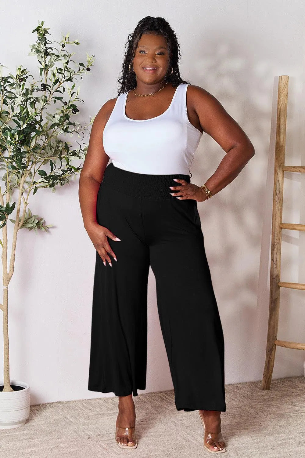 Double Take Smocked Wide Waistband Wide Leg Pants - Jessiz Boutique