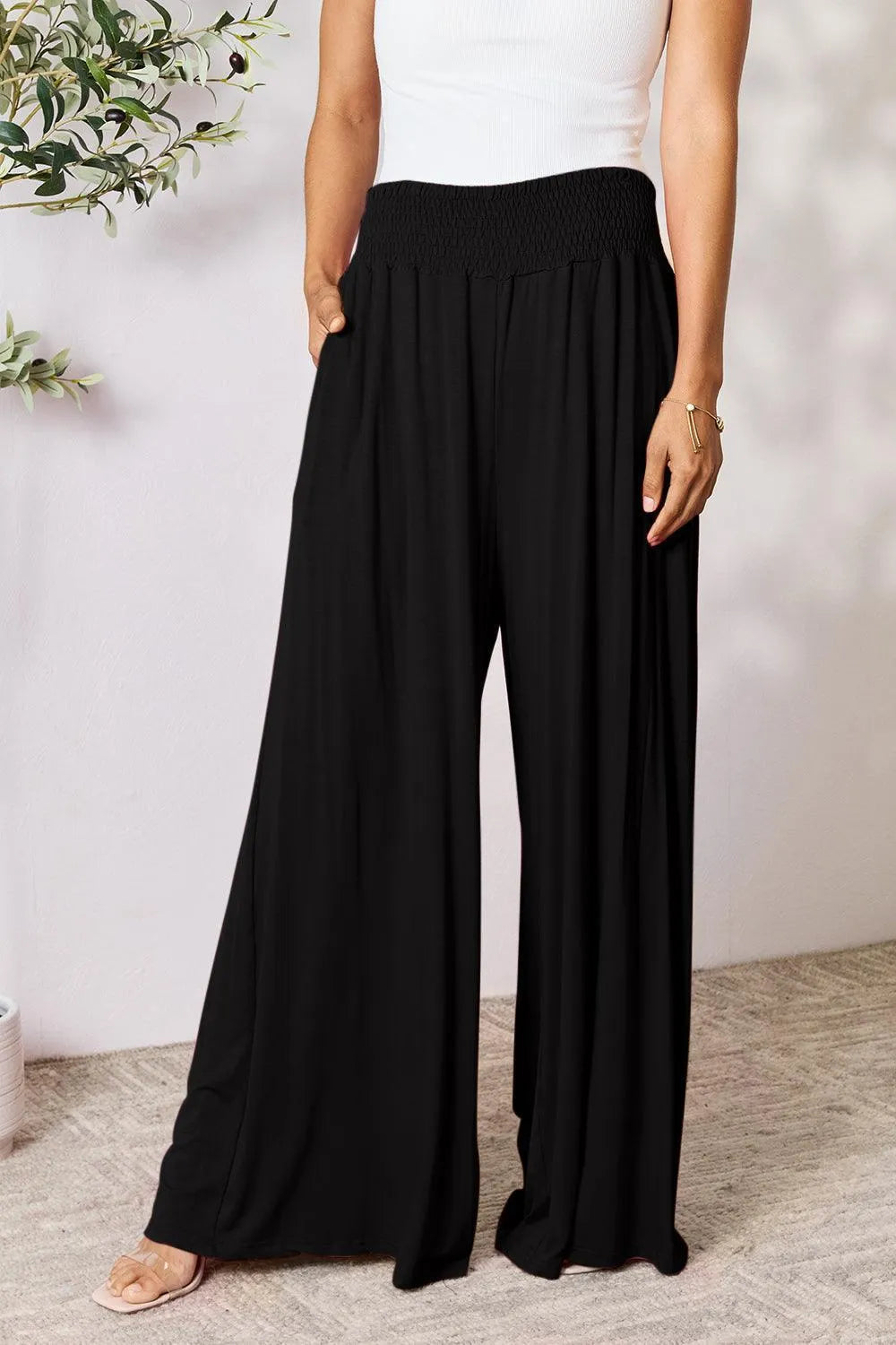 Double Take Smocked Wide Waistband Wide Leg Pants - Jessiz Boutique