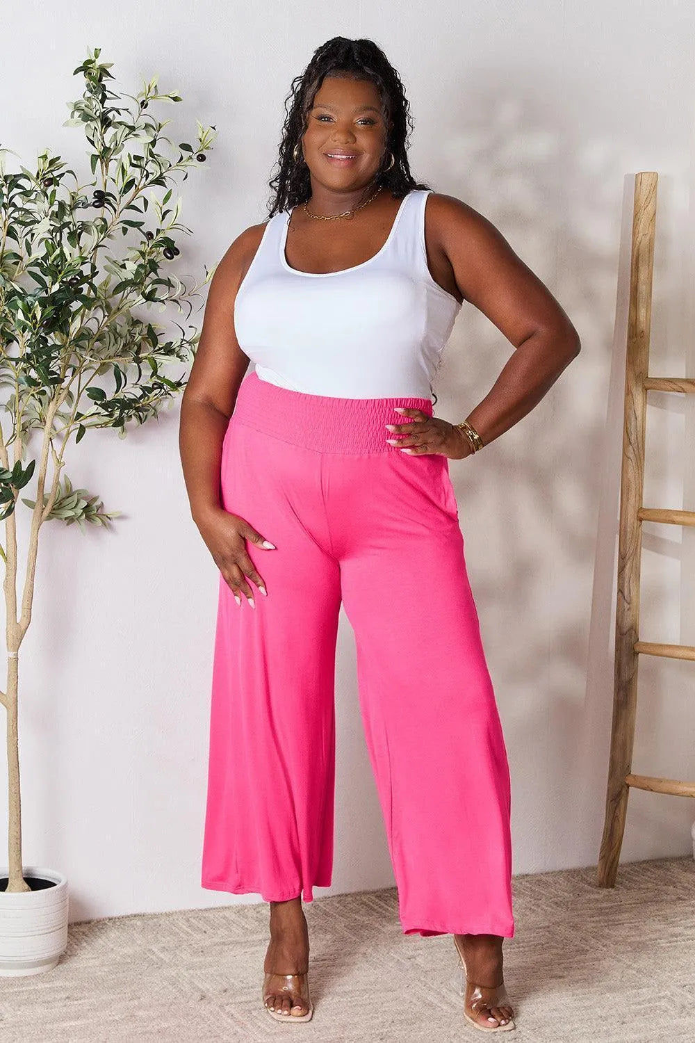 Double Take Smocked Wide Waistband Wide Leg Pants - Jessiz Boutique