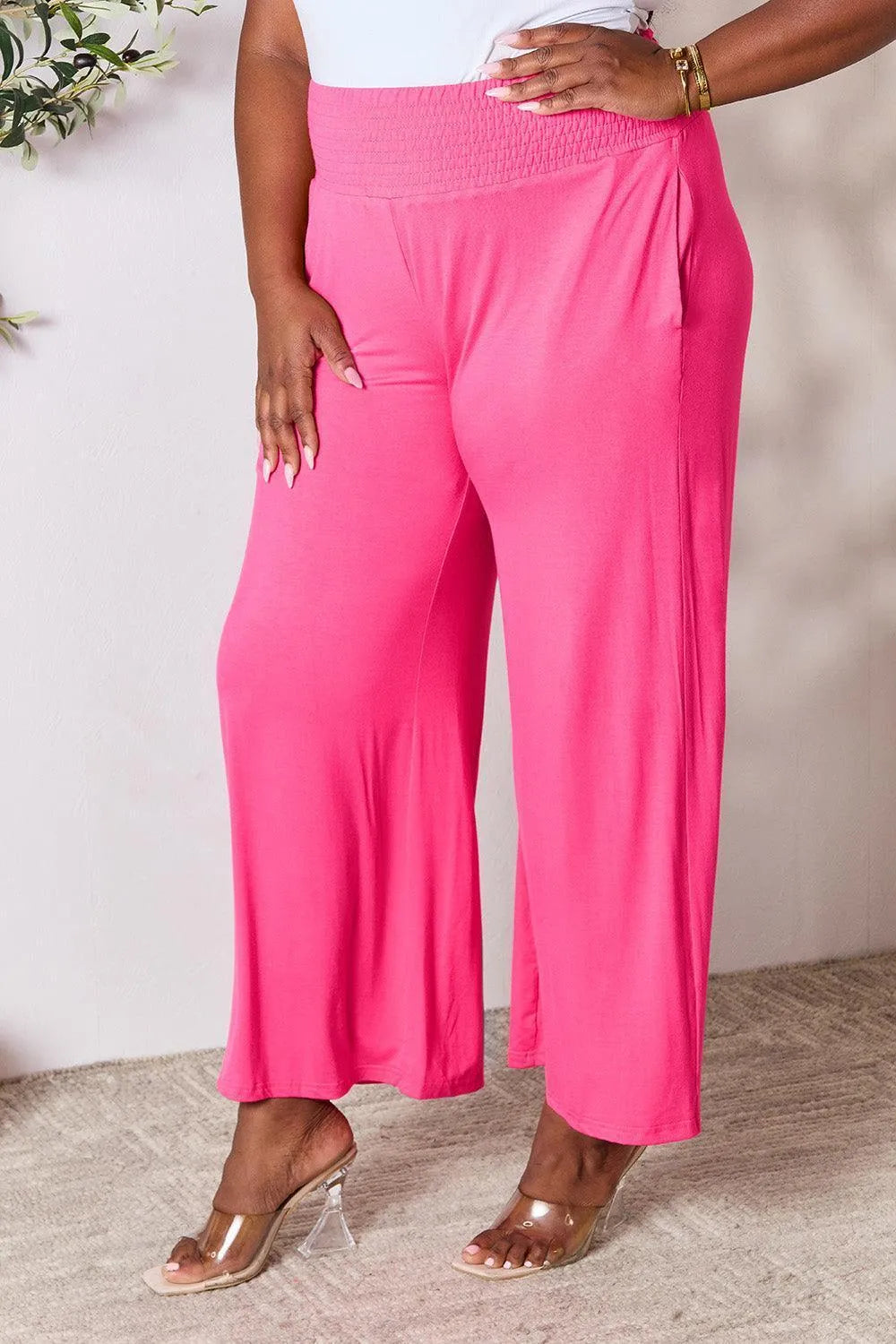 Double Take Smocked Wide Waistband Wide Leg Pants - Jessiz Boutique