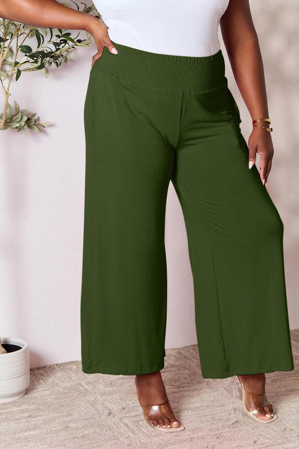 Double Take Smocked Wide Waistband Wide Leg Pants - Jessiz Boutique