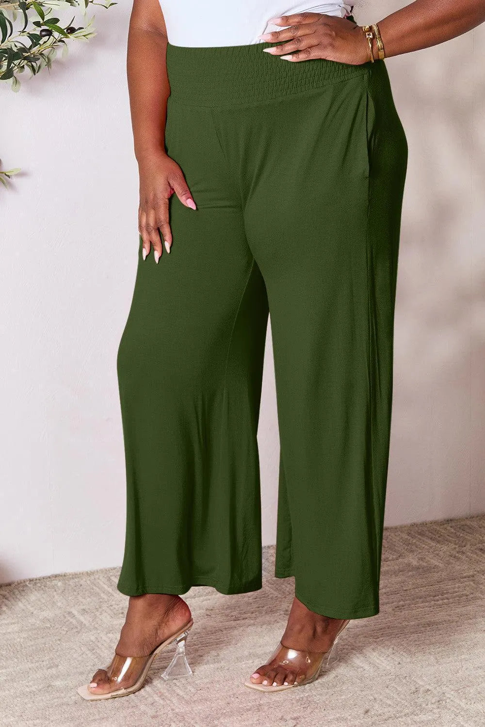 Double Take Smocked Wide Waistband Wide Leg Pants - Jessiz Boutique