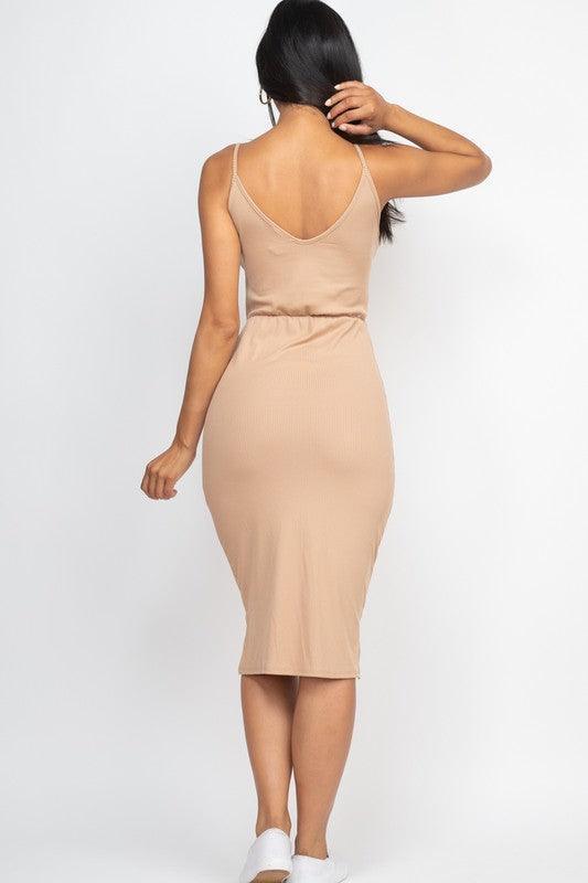 Front Tied Ribbon Sides Pointy Slit Midi Dress - Jessiz Boutique