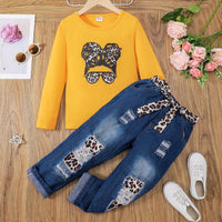 Girls Figure Print Long-Sleeve Tee and Belted Ripped Denim Jeans Two Piece Set - Jessiz Boutique