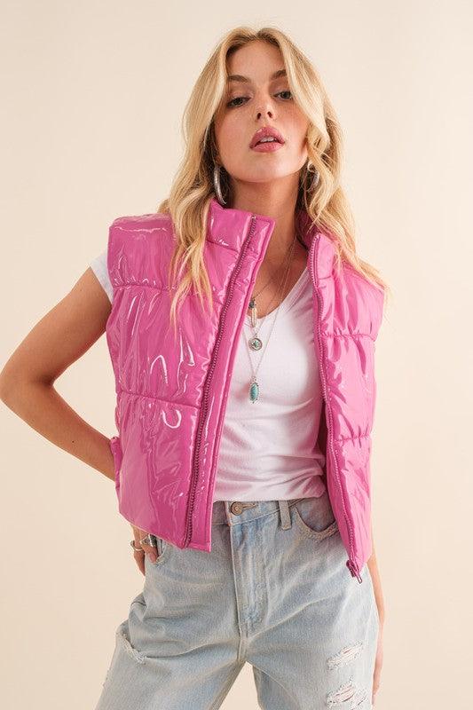 Gloss Shiny PU Quilted Puffer Zip Up Crop Vest - Jessiz Boutique