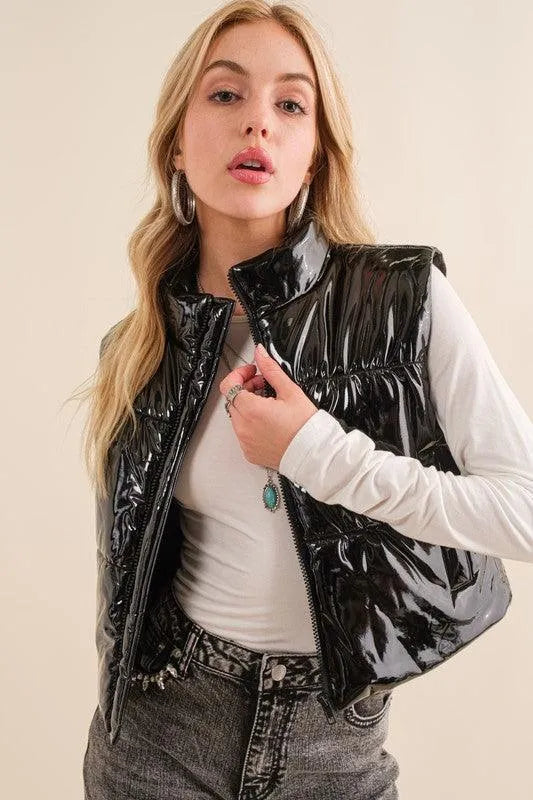 Gloss Shiny PU Quilted Puffer Zip Up Crop Vest - Jessiz Boutique