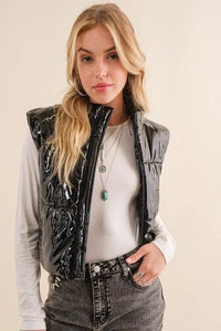 Gloss Shiny PU Quilted Puffer Zip Up Crop Vest - Jessiz Boutique