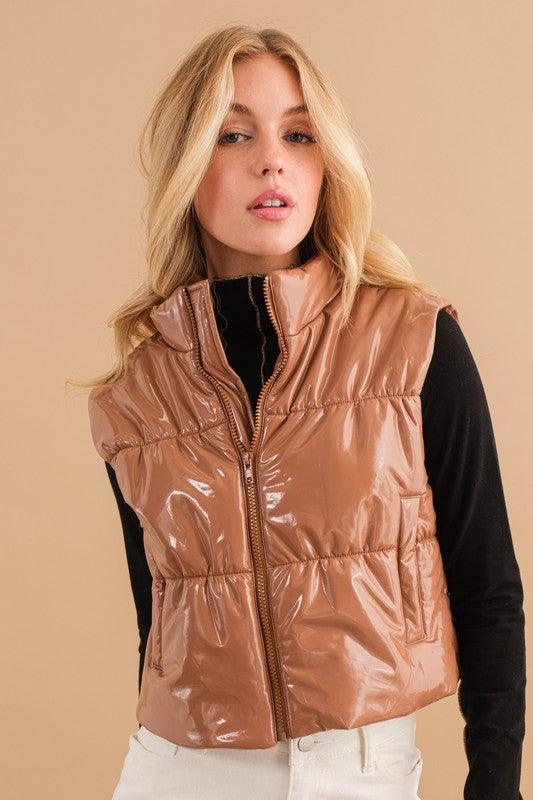 Gloss Shiny PU Quilted Puffer Zip Up Crop Vest - Jessiz Boutique