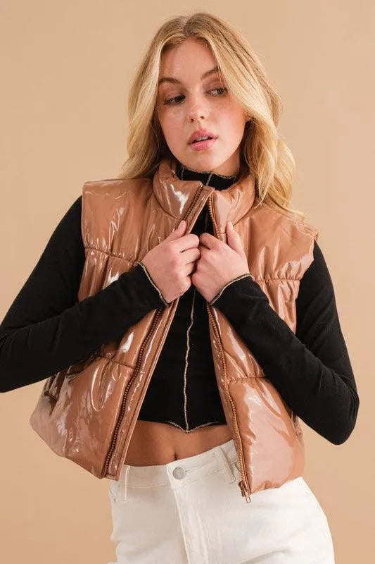 Gloss Shiny PU Quilted Puffer Zip Up Crop Vest - Jessiz Boutique