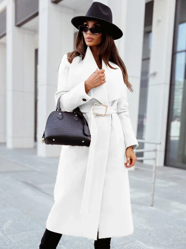 Long-Sleeved Buttoned V-neck Strappy Woolen Coat