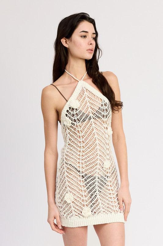 Halter Neck Crochet Dress with Flower Detail - Jessiz Boutique