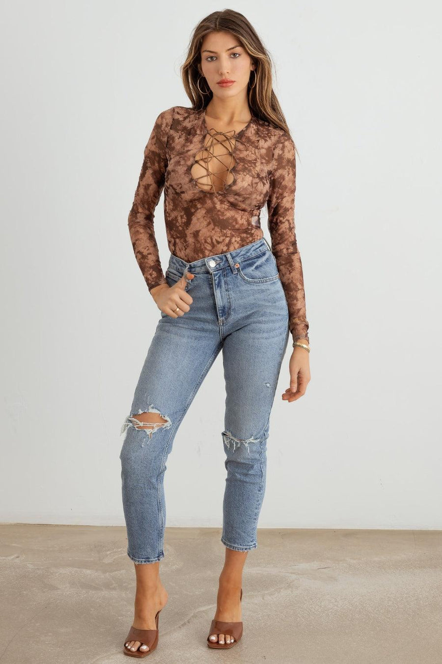 HERA COLLECTION Abstract Mesh Lace-Up Long Sleeve Bodysuit - Jessiz Boutique