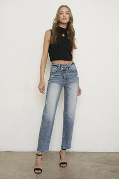 High Rise Cross Overed Girlfriend Jeans - Jessiz Boutique