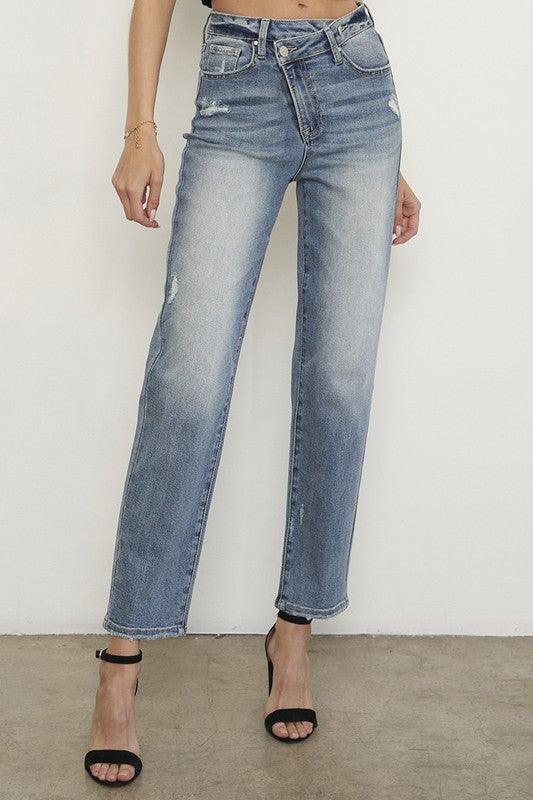 High Rise Cross Overed Girlfriend Jeans - Jessiz Boutique