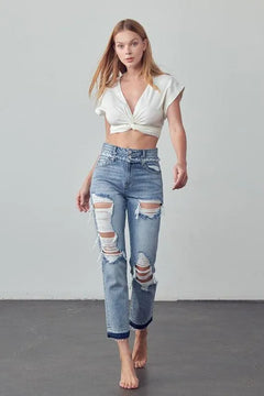 High Rise Double Waistband Released Hem Jeans - Jessiz Boutique