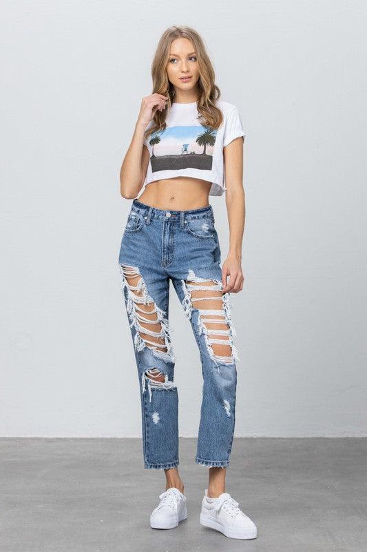 High Rise Heavy Destroyed Mom Jeans - Jessiz Boutique