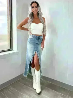 High Waist Raw Edge Denim Skirt - Jessiz Boutique