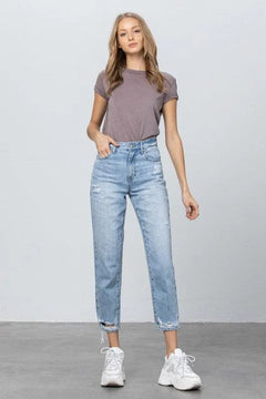 High Waist Ripped Hem Tapered Jeans - Jessiz Boutique