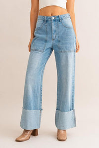 High-Waisted Wide Leg Cuffed Jeans - Jessiz Boutique