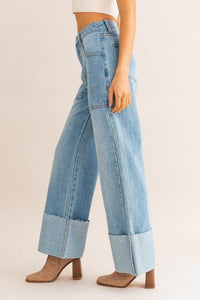 High-Waisted Wide Leg Cuffed Jeans - Jessiz Boutique