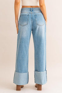 High-Waisted Wide Leg Cuffed Jeans - Jessiz Boutique