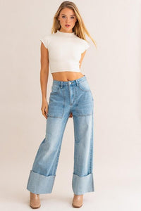 High-Waisted Wide Leg Cuffed Jeans - Jessiz Boutique