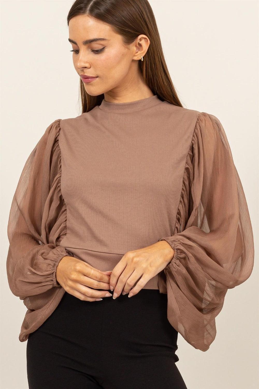 HYFVE Ruched Sheer Long Sleeve Mock Neck Blouse - Jessiz Boutique