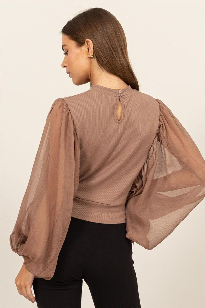 HYFVE Ruched Sheer Long Sleeve Mock Neck Blouse - Jessiz Boutique