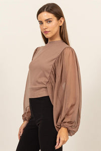 HYFVE Ruched Sheer Long Sleeve Mock Neck Blouse - Jessiz Boutique