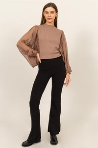 HYFVE Ruched Sheer Long Sleeve Mock Neck Blouse - Jessiz Boutique