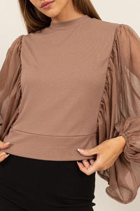 HYFVE Ruched Sheer Long Sleeve Mock Neck Blouse - Jessiz Boutique