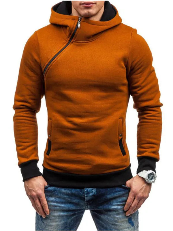 Men's Diagonal Zipper Long-Sleeved Hoodie