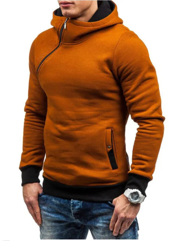 Men's Diagonal Zipper Long-Sleeved Hoodie