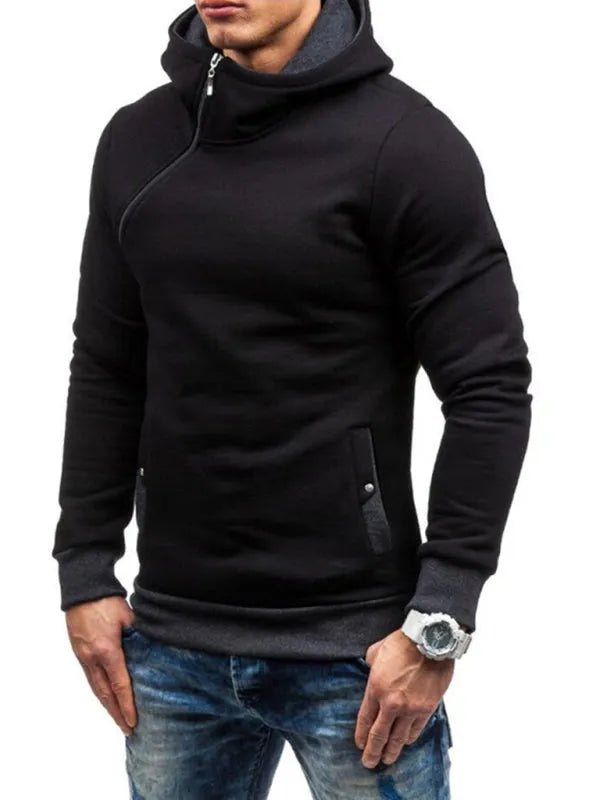 Men's Diagonal Zipper Long-Sleeved Hoodie