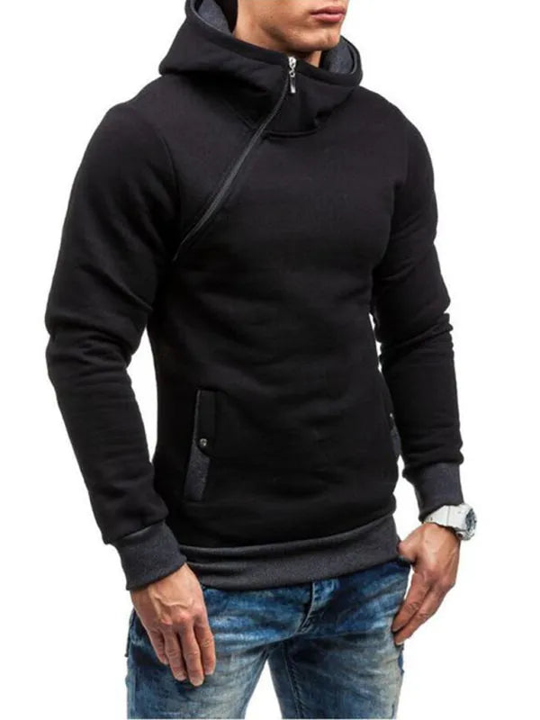 Men's Diagonal Zipper Long-Sleeved Hoodie