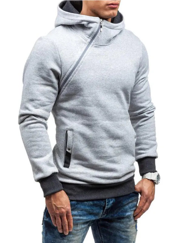 Men's Diagonal Zipper Long-Sleeved Hoodie