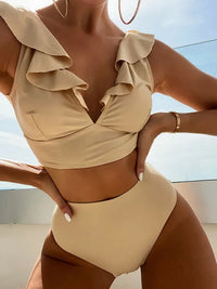 New Women's Lace V-neck Ruffled High-Waist Swimsuit Bikini