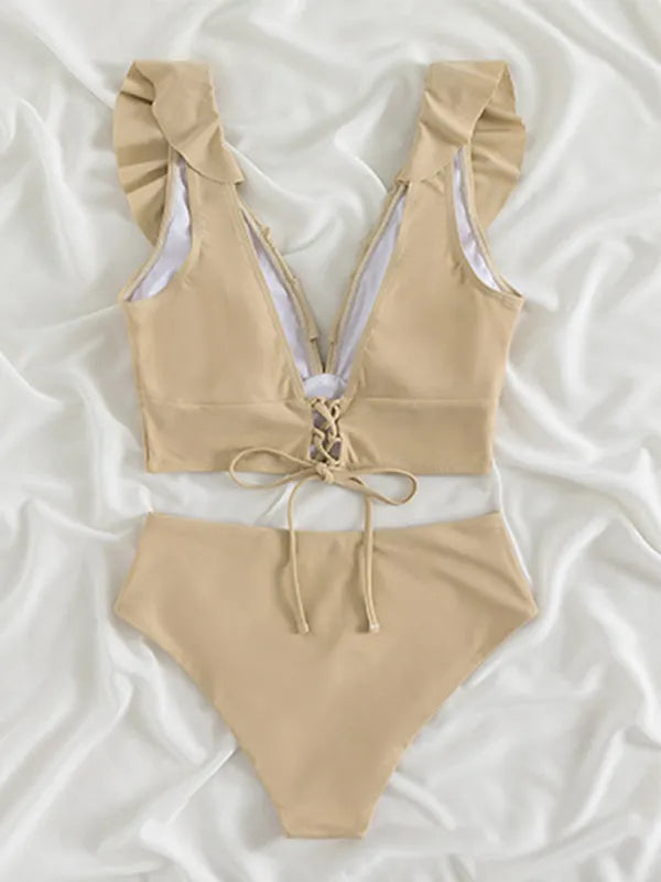 New Women's Lace V-neck Ruffled High-Waist Swimsuit Bikini