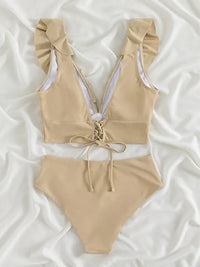 New Women's Lace V-neck Ruffled High-Waist Swimsuit Bikini