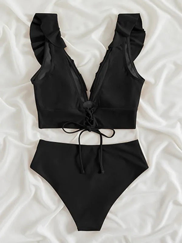 New Women's Lace V-neck Ruffled High-Waist Swimsuit Bikini
