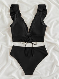New Women's Lace V-neck Ruffled High-Waist Swimsuit Bikini