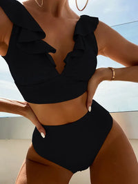 New Women's Lace V-neck Ruffled High-Waist Swimsuit Bikini