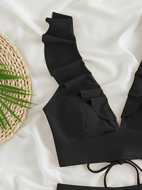 New Women's Lace V-neck Ruffled High-Waist Swimsuit Bikini
