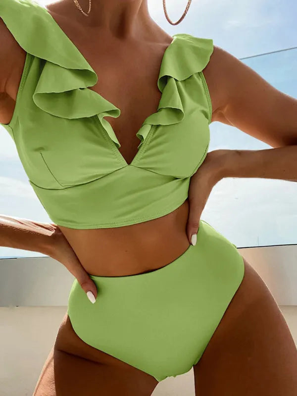 New Women's Lace V-neck Ruffled High-Waist Swimsuit Bikini