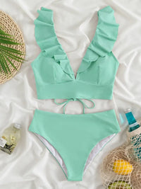 New Women's Lace V-neck Ruffled High-Waist Swimsuit Bikini