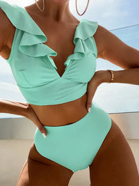 New Women's Lace V-neck Ruffled High-Waist Swimsuit Bikini