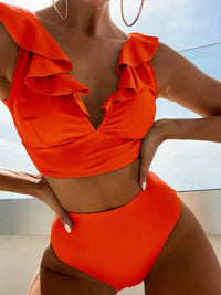 New Women's Lace V-neck Ruffled High-Waist Swimsuit Bikini