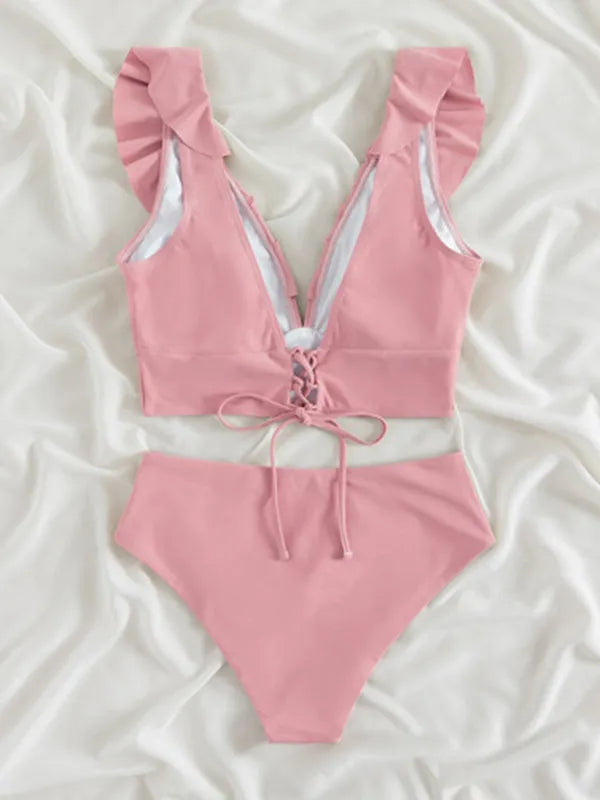 New Women's Lace V-neck Ruffled High-Waist Swimsuit Bikini